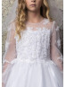 Long Sleeves Beaded Lace Tulle Tea Length Flower Girl Dress